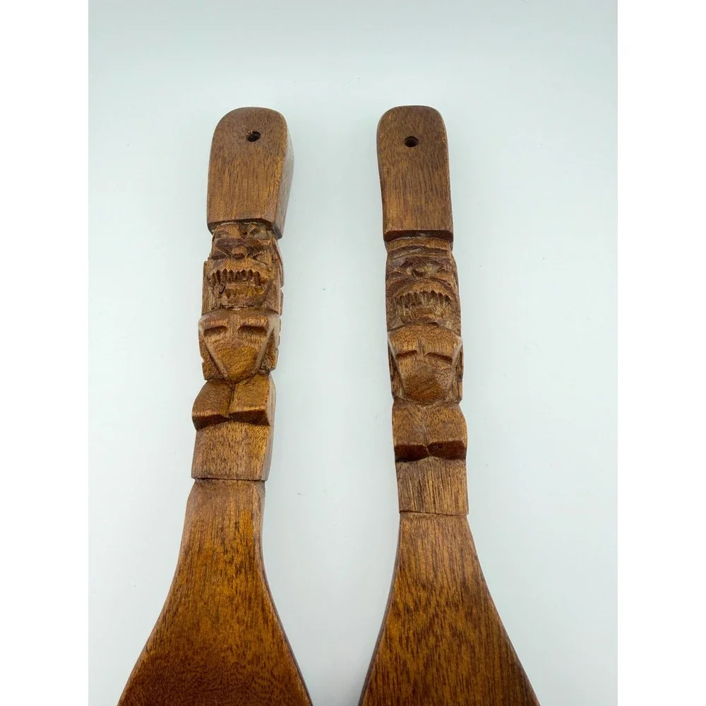 Vintage Hand Carved Wooden Tiki Salad Servers 12 Inch Wood Fork Spoon Set MCM